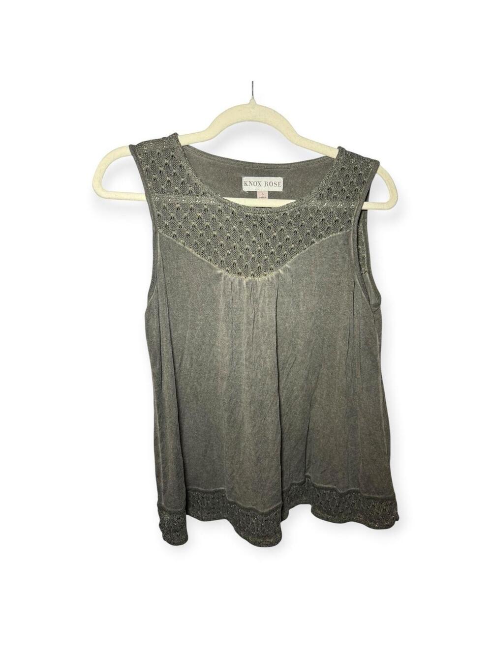 Knox Rose Gray Tank Top with Embroidered Lace Trim